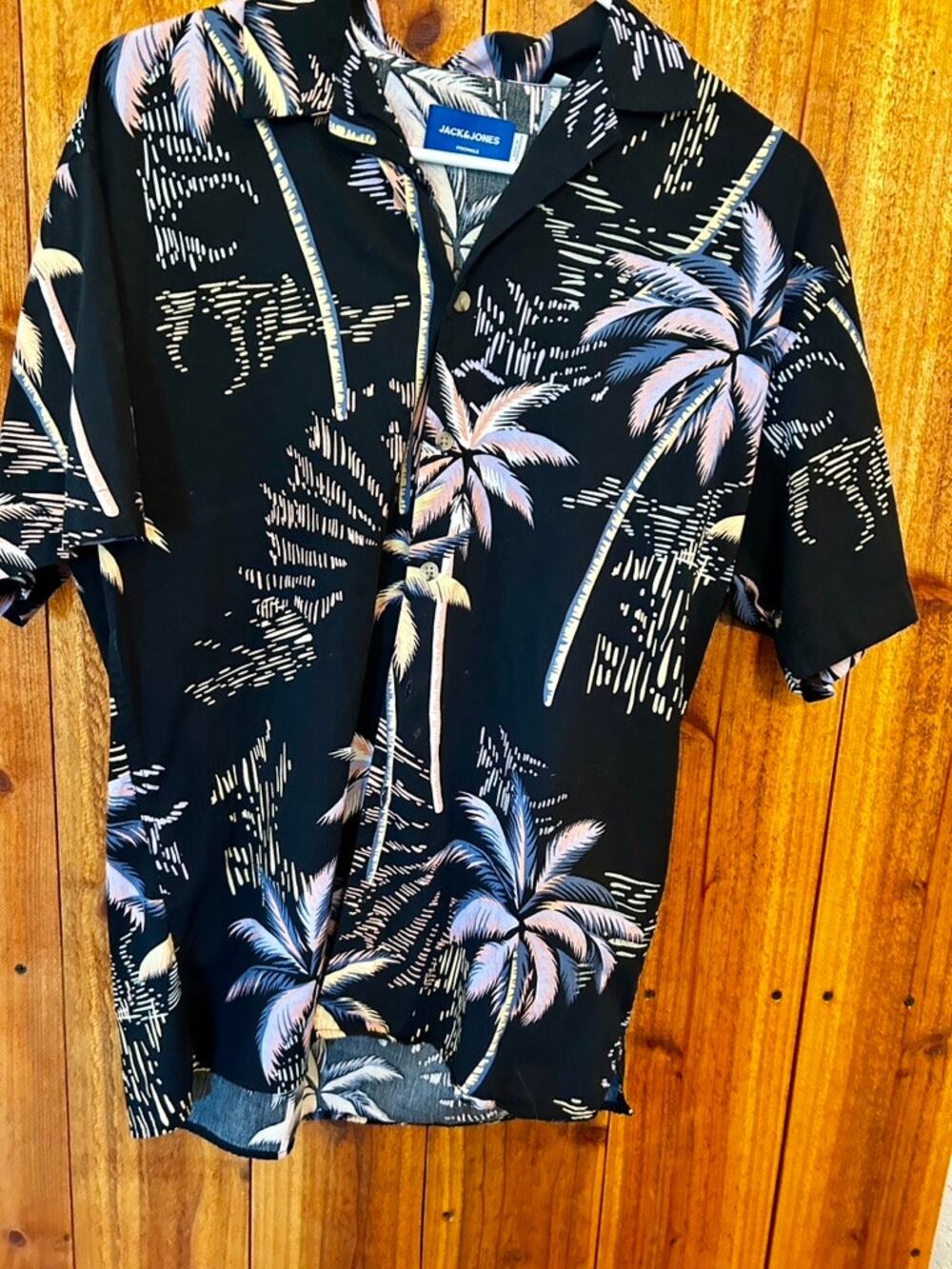 Jack & Jones Mens Small Hawaiian Palm Print Camp Shirt Black Floral Tropical EUC